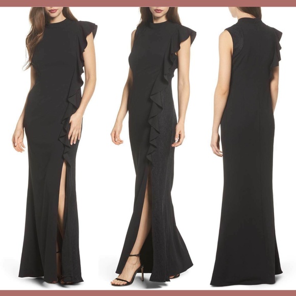 NWT Adrianna Papell Ruffle‎ Side Crepe Mermaid Gown Black [SZ 4 ]
